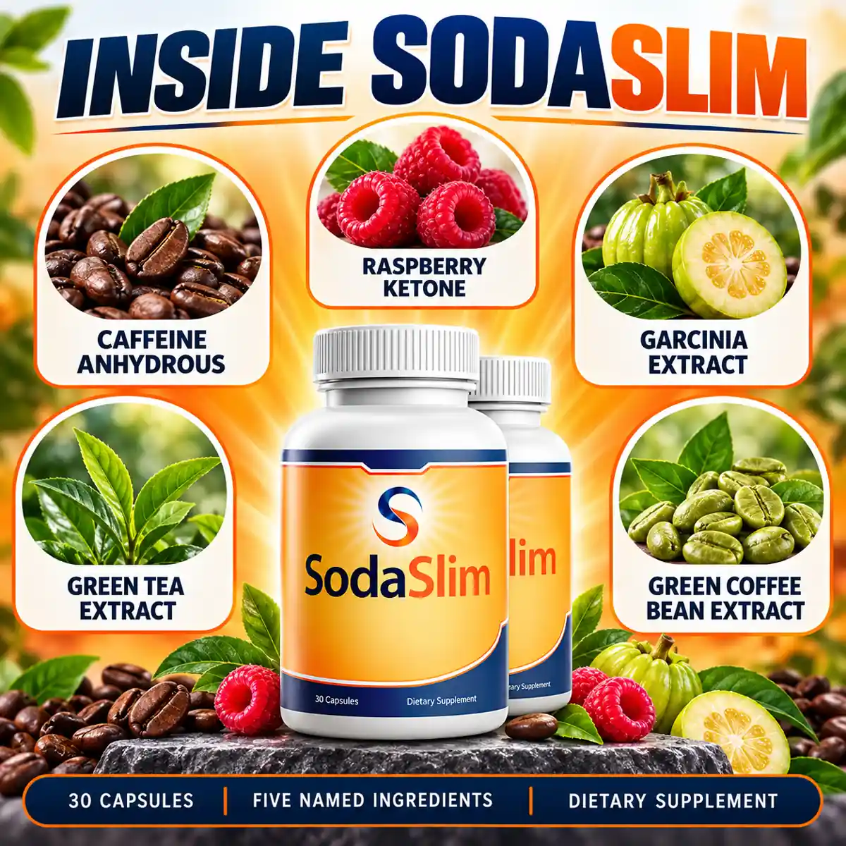 The INSIDE SODASLIM graphic naming caffeine anhydrous, raspberry ketone, garcinia extract, green tea extract and green coffee bean extract around two bottles