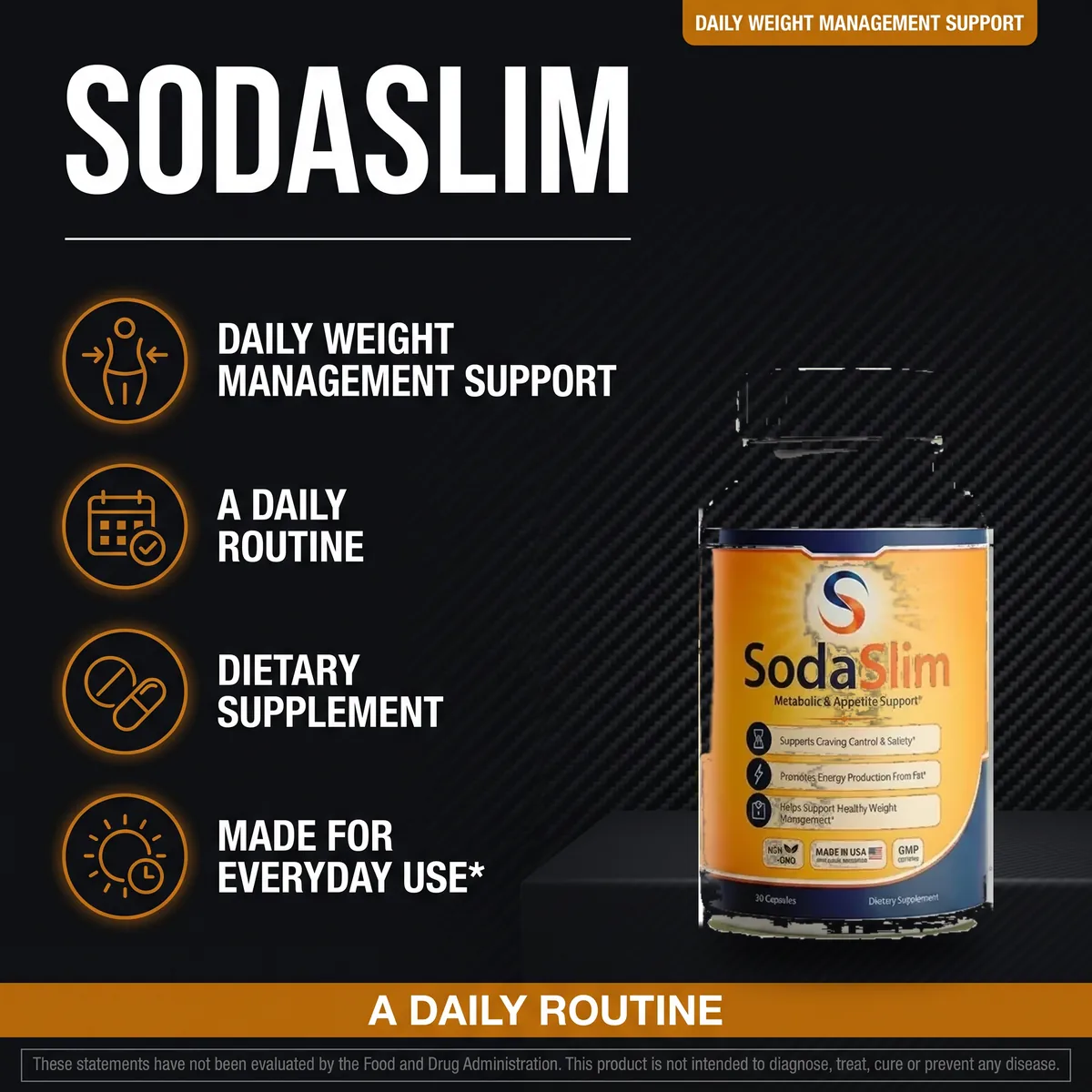 A SodaSlim listing scene headed Daily Weight Management Support, with four icons reading daily weight management support, a daily routine, dietary supplement and made for everyday use