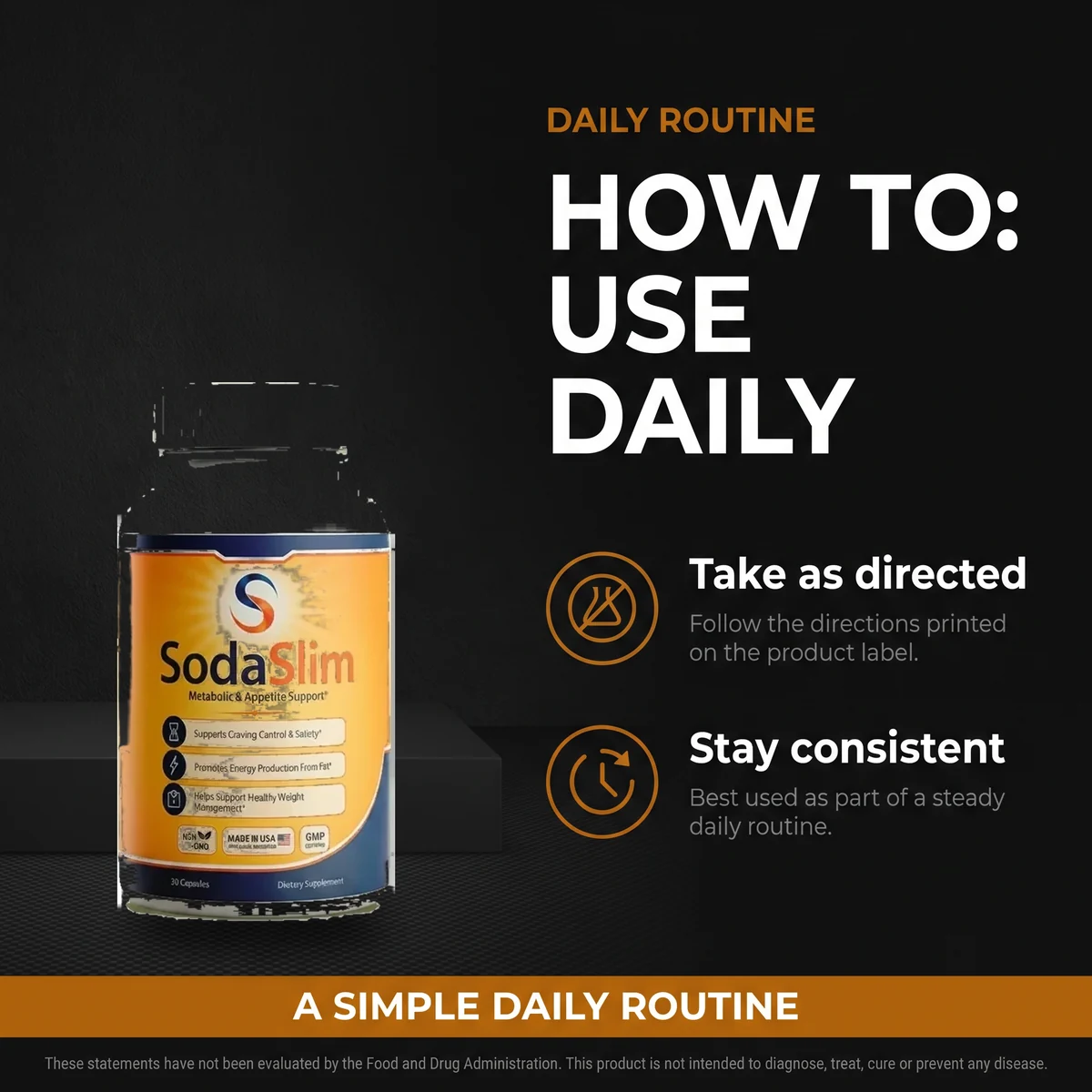 A SodaSlim listing scene headed How To Use Daily, with a bottle and two notes reading take as directed and stay consistent