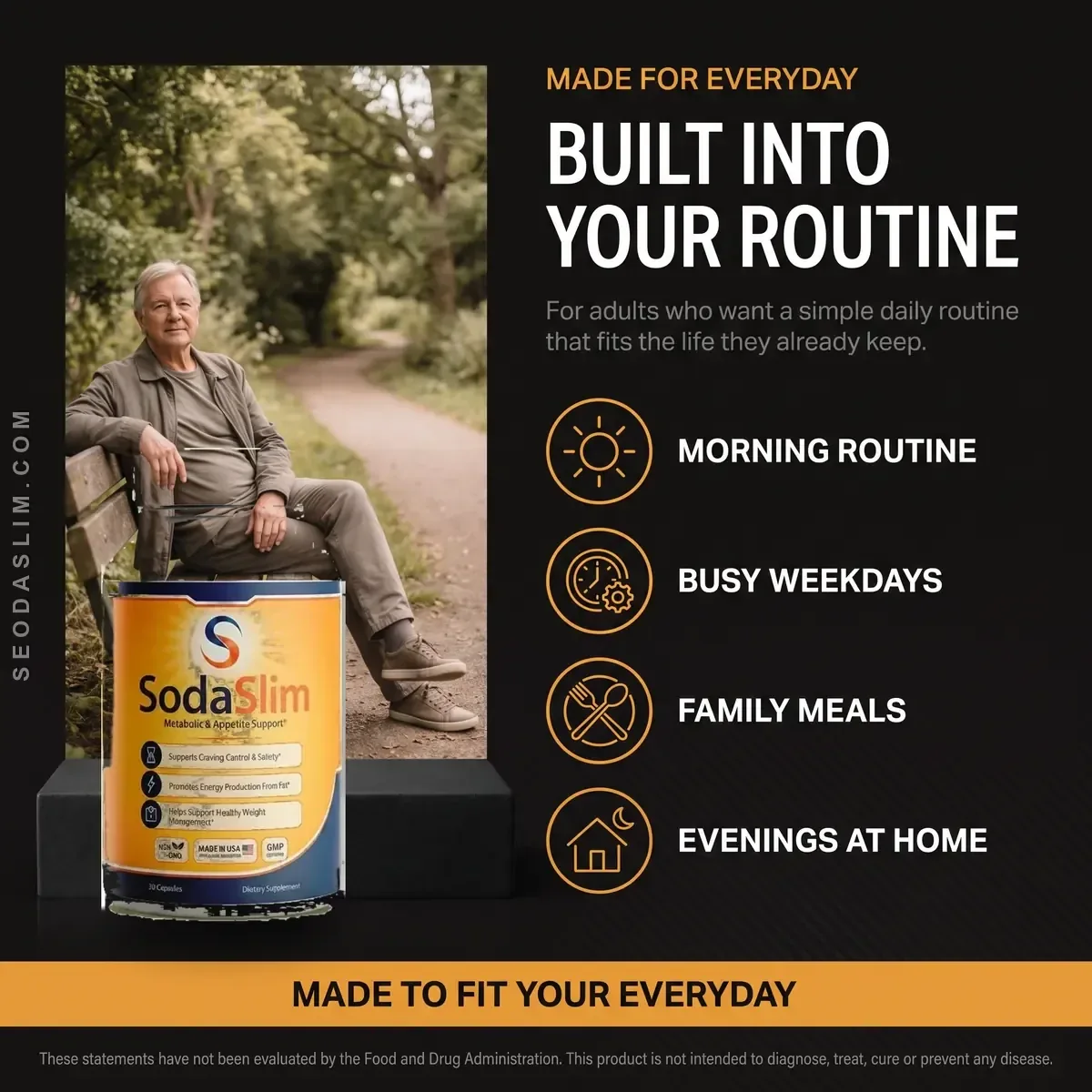 A SodaSlim listing scene headed Built Into Your Routine, showing a man on a park bench beside icons for morning routine, busy weekdays, family meals and evenings at home