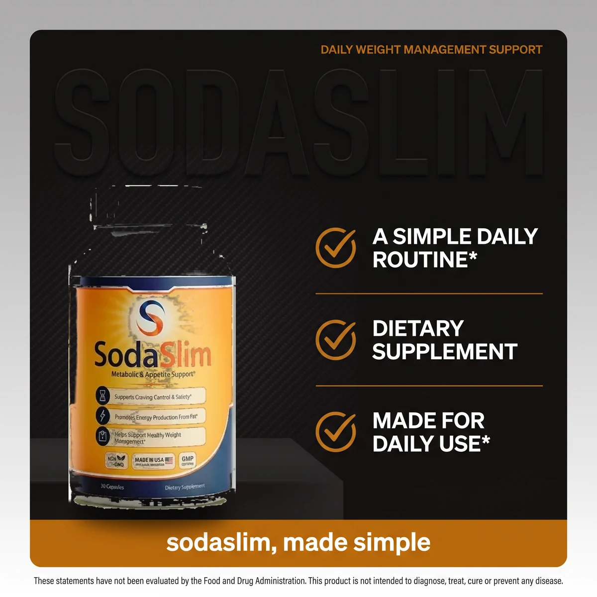 A SodaSlim listing scene headed Why SodaSlim, with three ticks reading a simple daily routine, dietary supplement and made for daily use