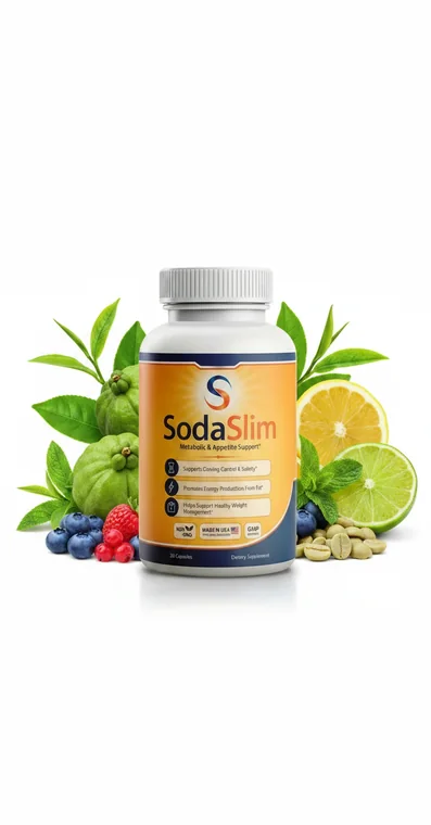 A single SodaSlim bottle photographed among green tea leaves, garcinia fruit, berries and green coffee beans